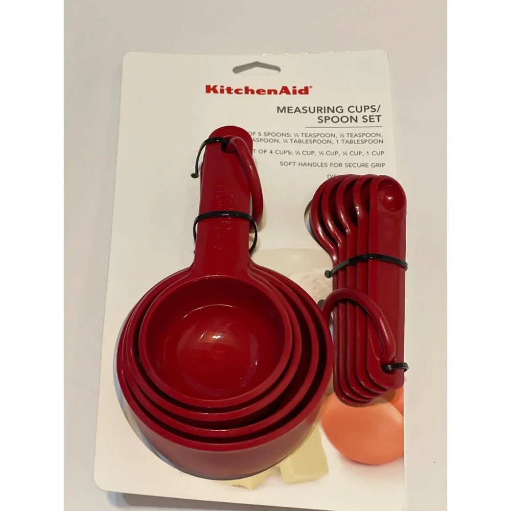 KitchenAid Measuring Cups Spoons Set Red Plastic 9pc Soft‎ Grip KQ475OHERA New